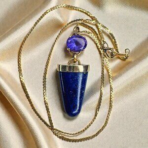 ESTATE- 14K Gold - Amethyst & Lapis Lazuli Necklace -15"- Healing Talisman -8.8g